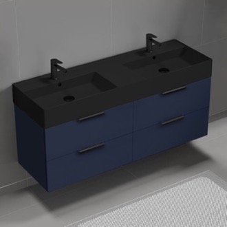 Bathroom Vanity Double Floating Bathroom Vanity, Modern, Navy Blue, Black Ceramic Sink, 56 Inch Nameeks DERIN466